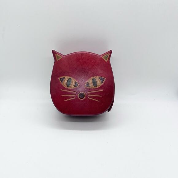 Leather Cat Piggy Bank Coin Tooled Red 4.5''x4'' Kitty Kitten India Boho Retro - Picture 2 of 4